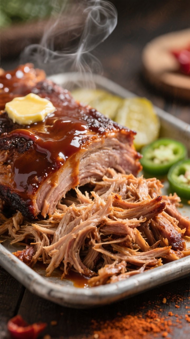 Close-up detail: Shredded keto BBQ pulled pork just after pulling, glistening with 1/2–3/4 cup glo