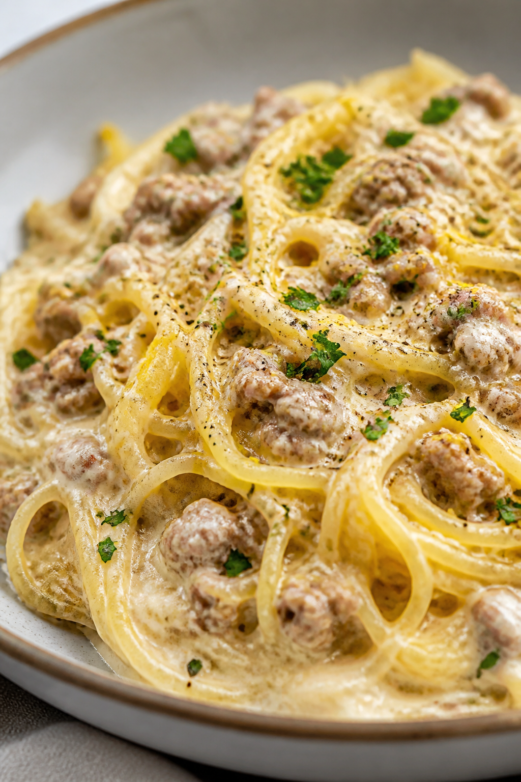 Close-up detail: Silky turkey Alfredo sauce folded with browned ground turkey, clinging to golden sp