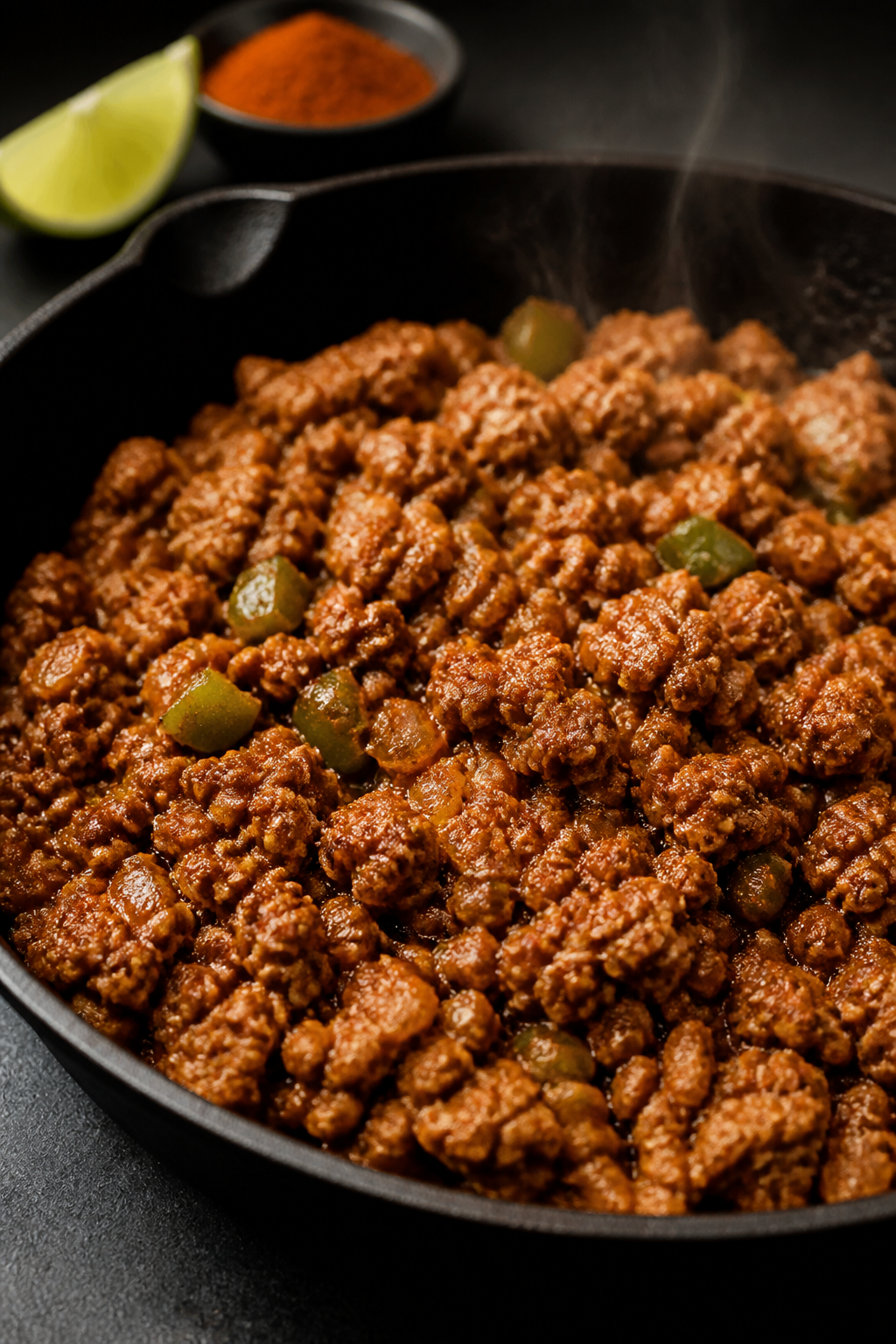 Close-up detail: Sizzling browned ground turkey taco mixture in a cast-iron skillet after seasoning 