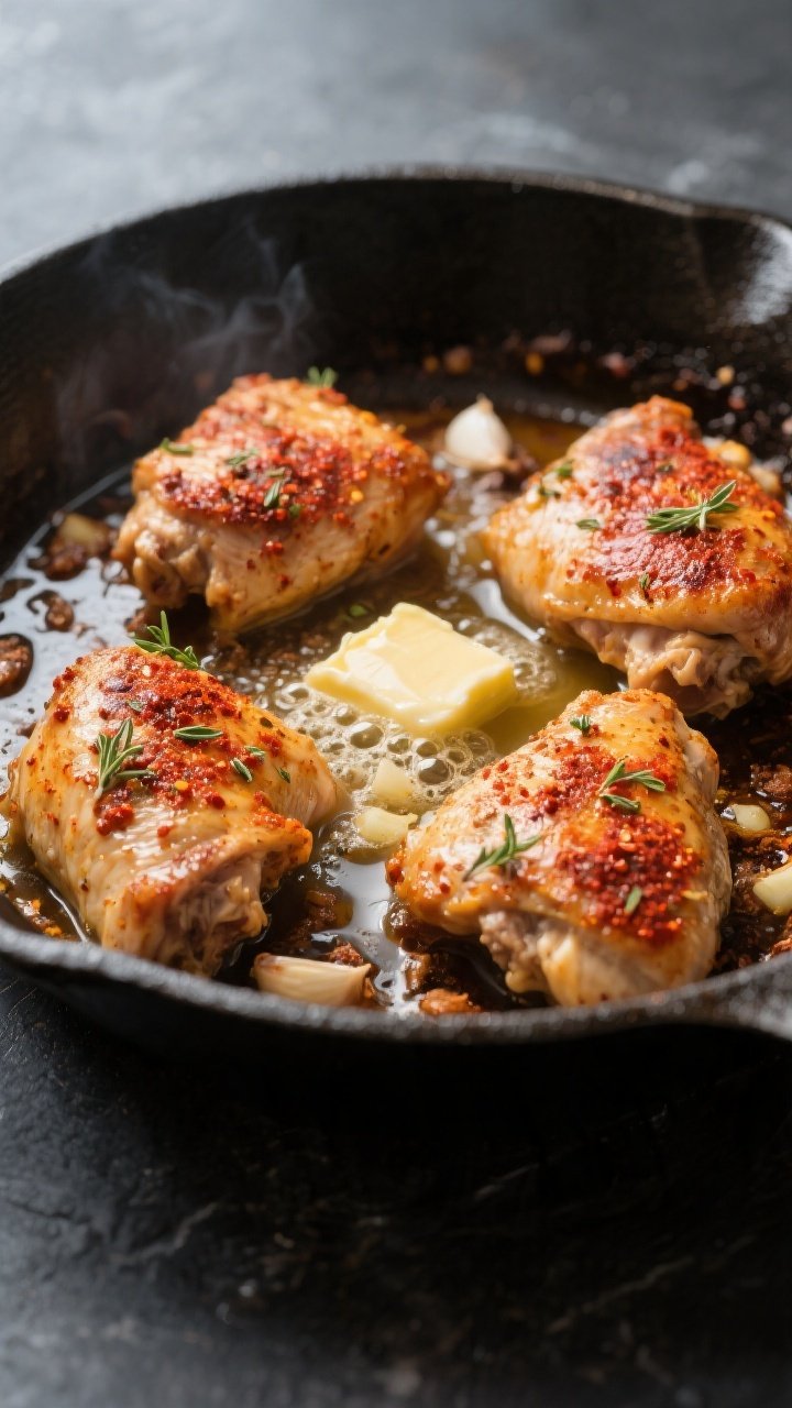 Close-up detail: Sizzling Cajun-seasoned chicken thigh pieces browning in a large skillet, golden cr