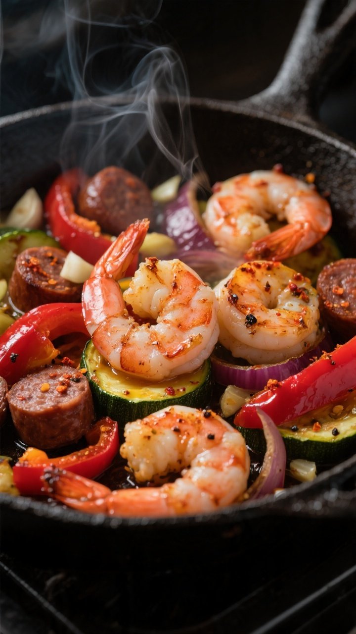 Close-up detail: Sizzling Cajun shrimp and browned andouille rounds nestled among char-kissed red an