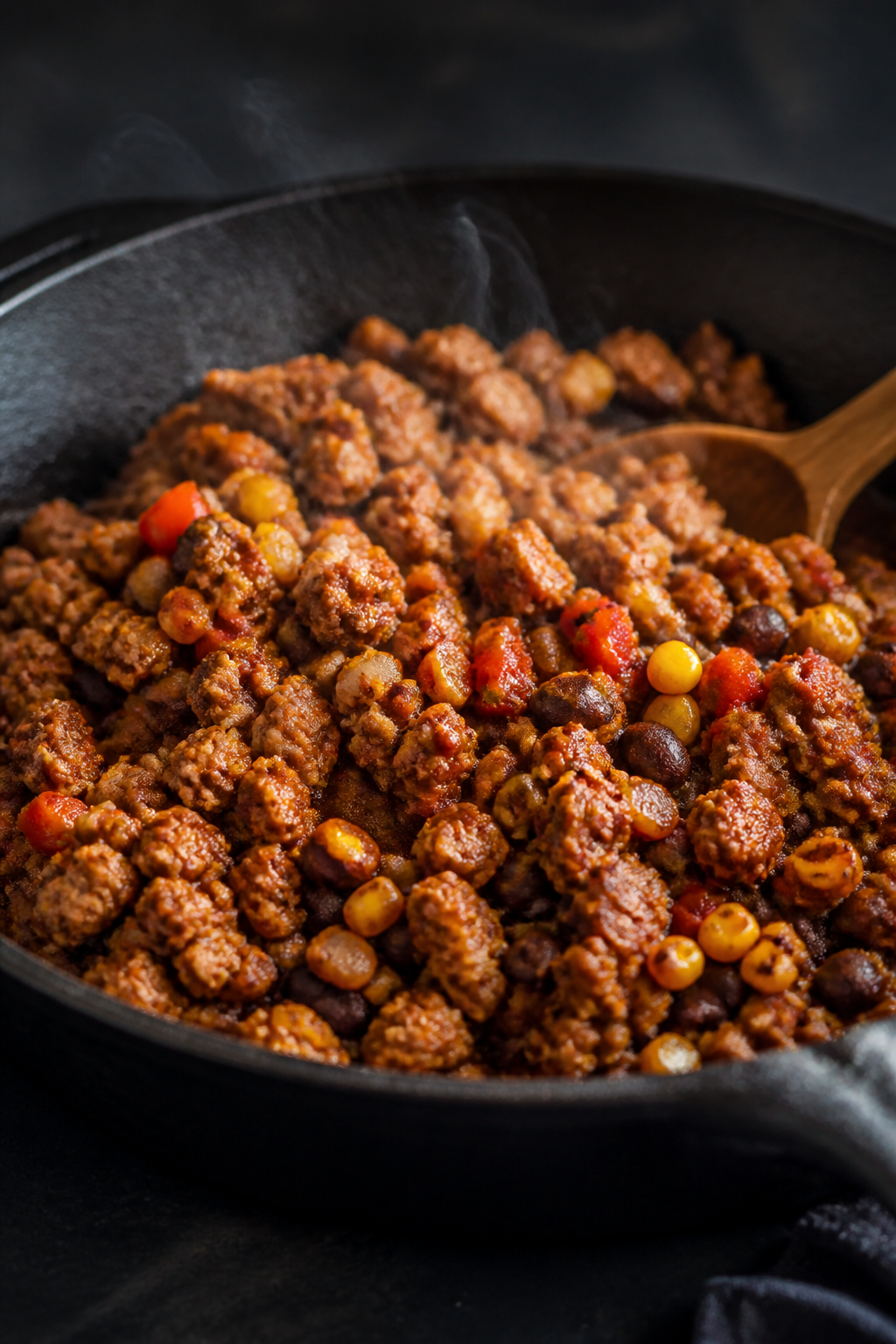 Close-up detail: Sizzling ground turkey in a cast-iron skillet mid-cook, coated in a glossy blend of