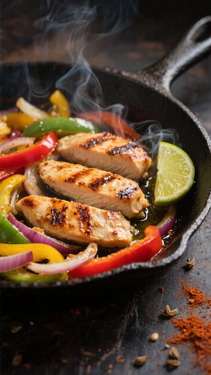 Close-up detail: Sizzling keto chicken fajitas in a cast-iron skillet mid-sear, showing lightly char