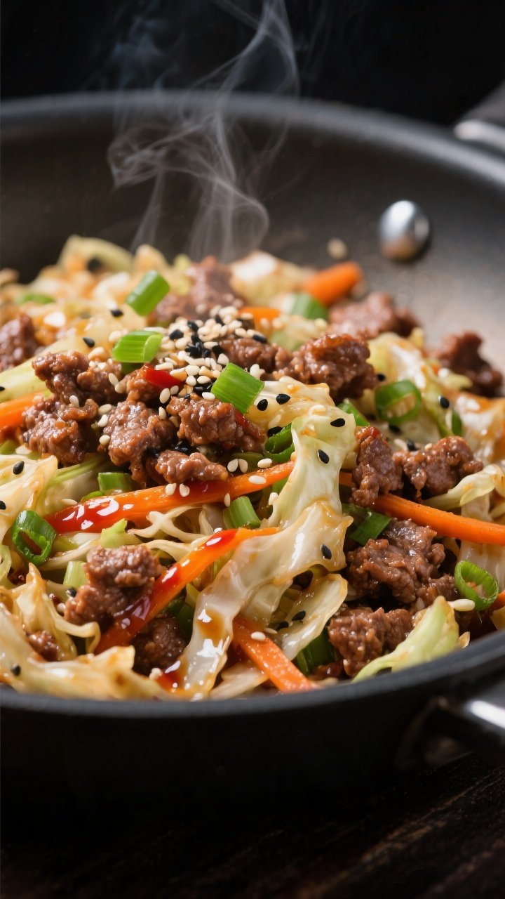 Close-up detail: Sizzling keto crack slaw in a large skillet, ground beef browned with crispy bits m