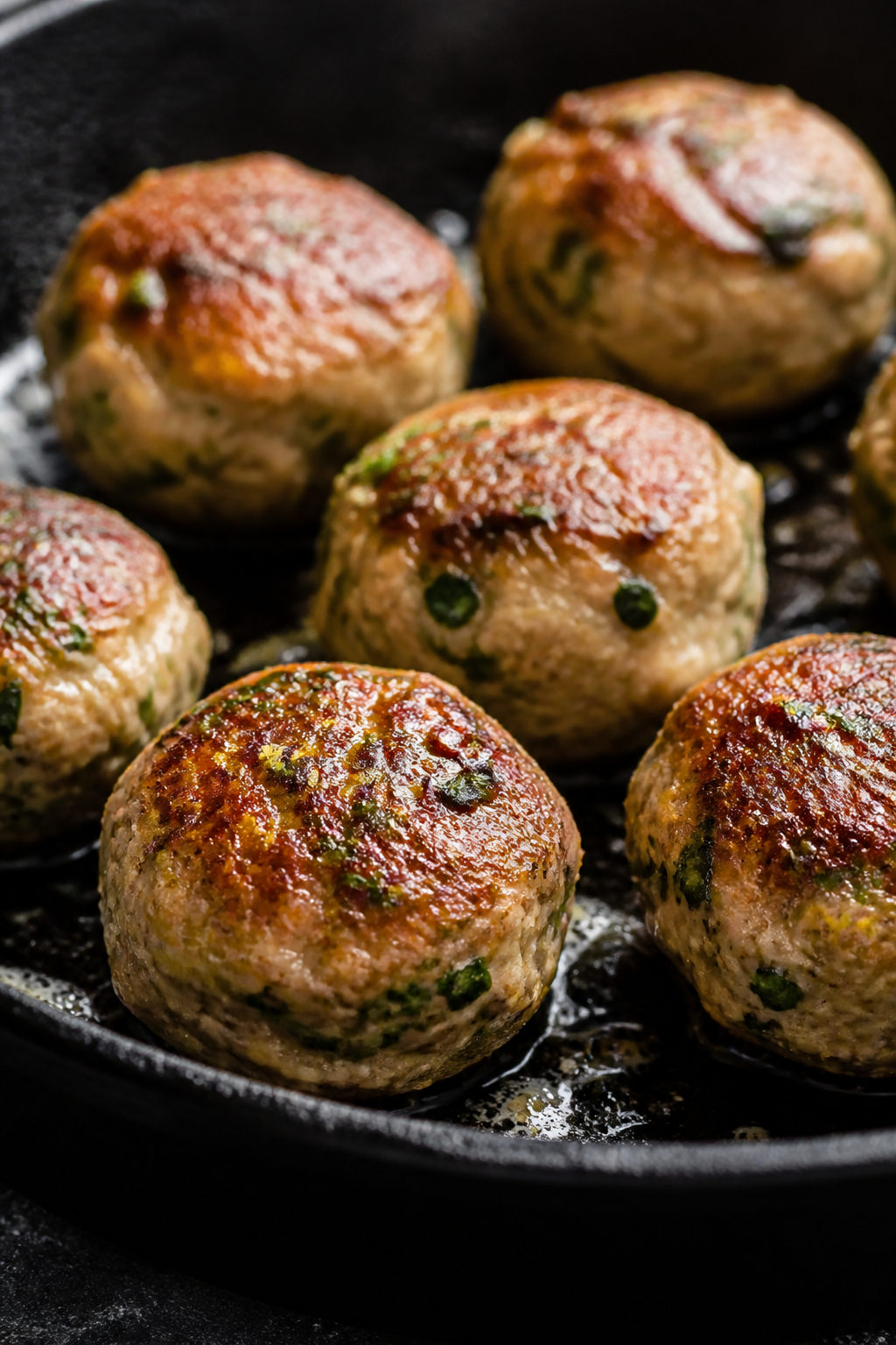 Close-up detail: Sizzling keto garlic herb turkey meatballs being seared in a cast-iron skillet, gol