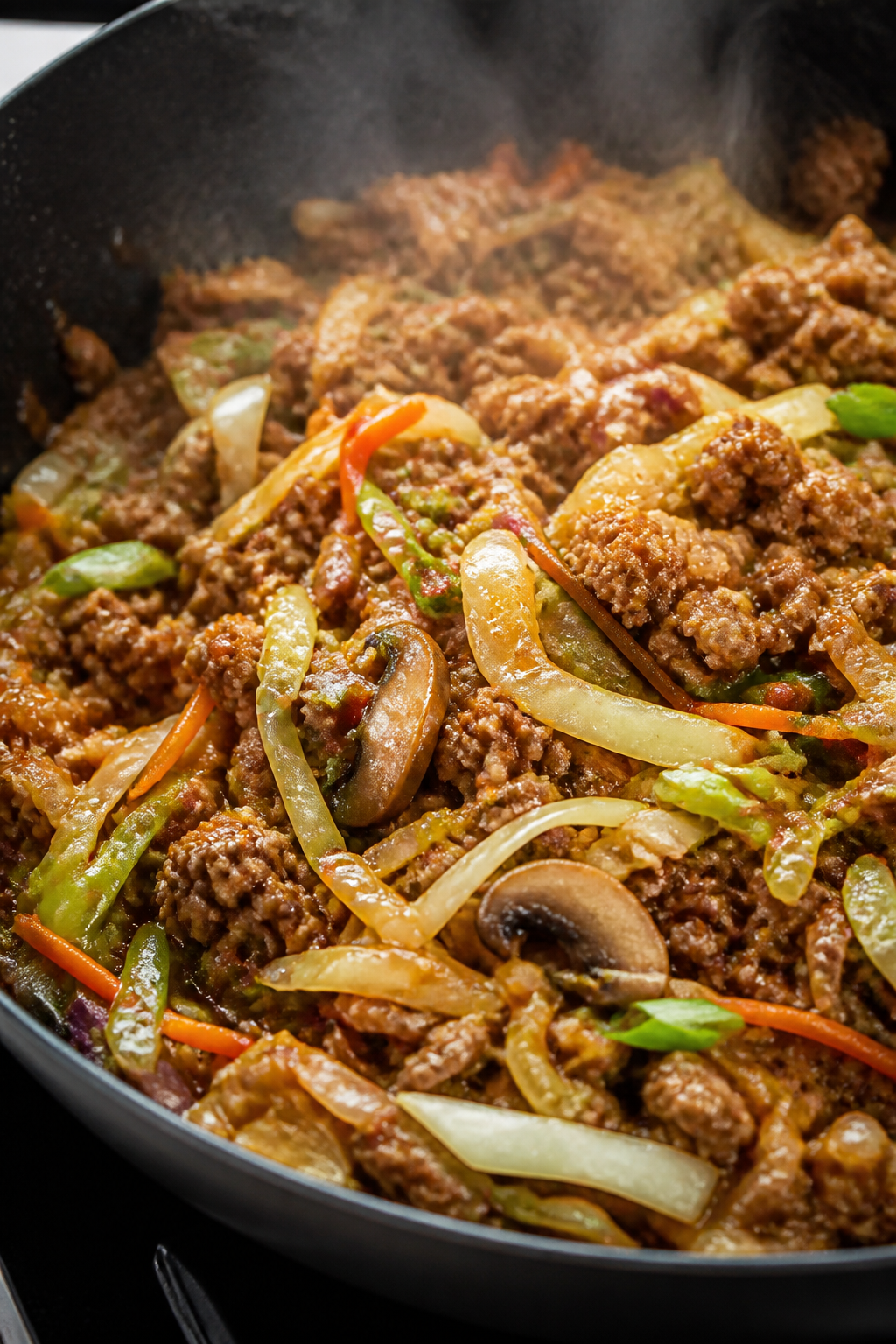 Close-up detail: Sizzling keto ground turkey egg roll in a bowl mid-cook in a black skillet, showing