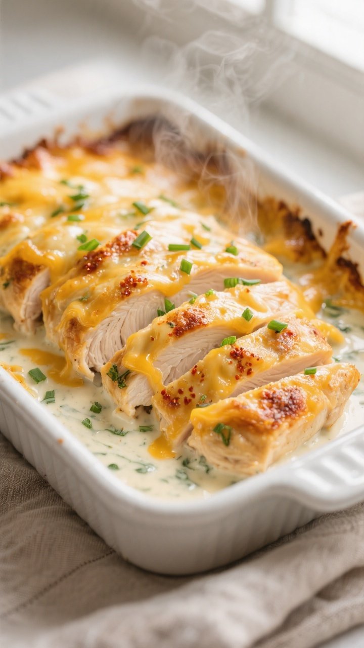 Close-up detail: Sliced cheesy ranch chicken just out of the oven, showing juicy chicken fibers unde