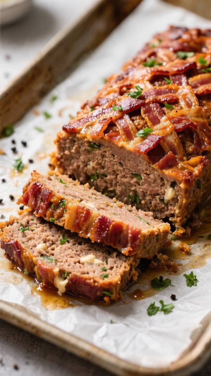 Close-up detail: Sliced Keto Bacon Ranch Meatloaf just after resting, showing juicy, tender crumb wi