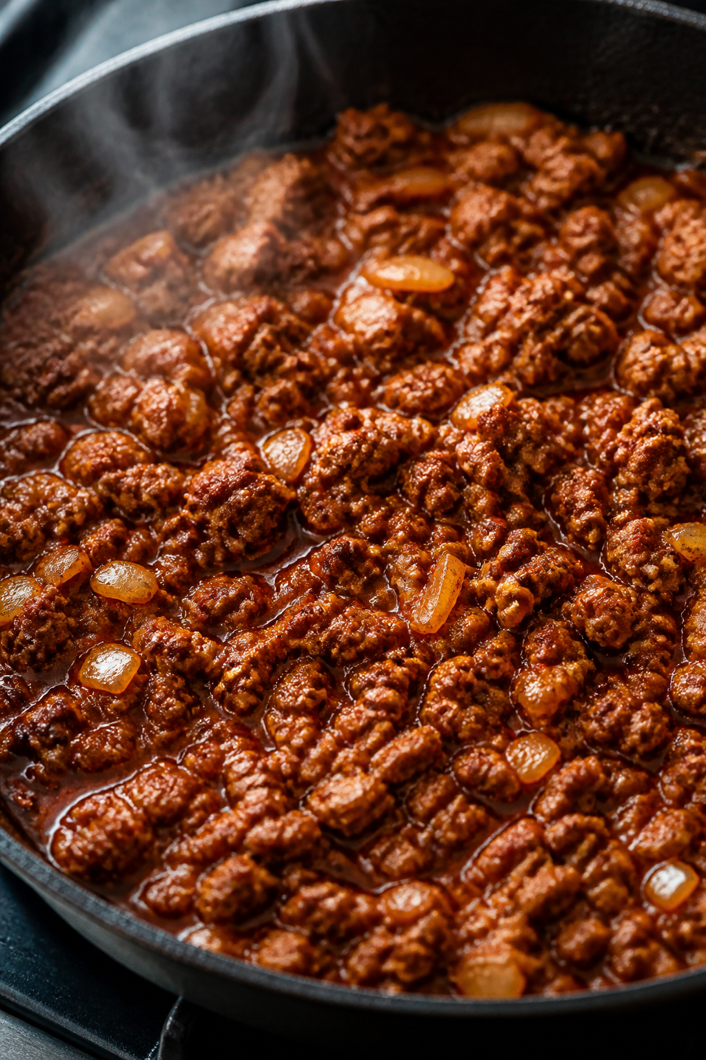 Close-up detail: Taco-seasoned ground turkey simmering in a glossy tomato paste and broth reduction,
