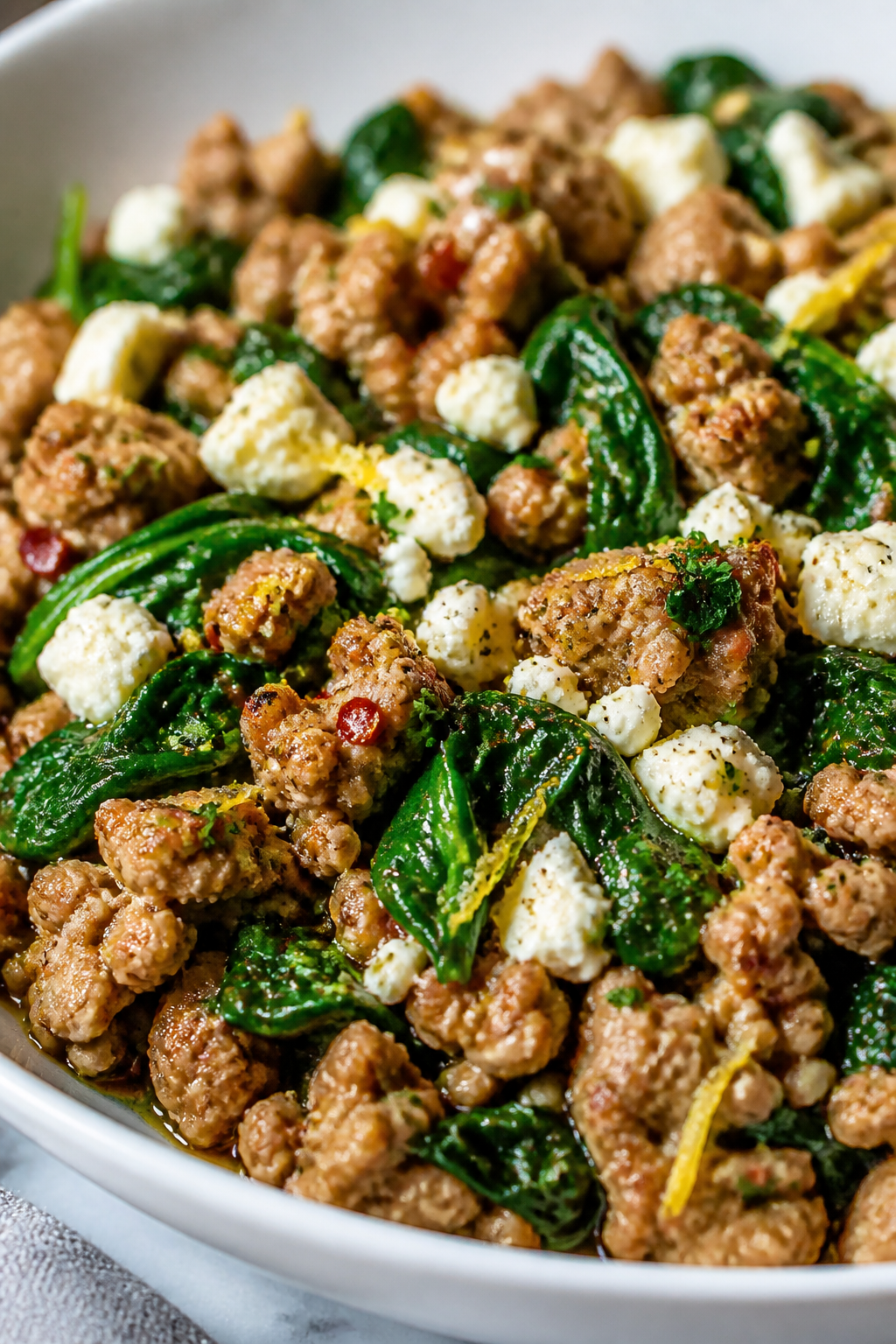 Close-up detail — Turkey, spinach, and feta finish: Ultra-close, shallow DOF macro of the turkey m