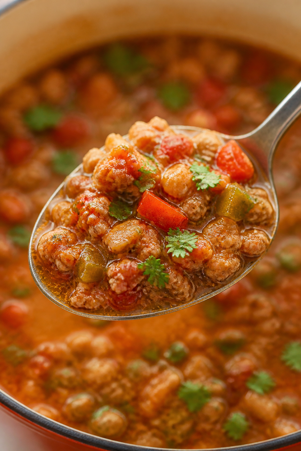 Close-up final detail: Ultra-tight shot of a spoonful lifted from the pot—juicy turkey crumbles, t