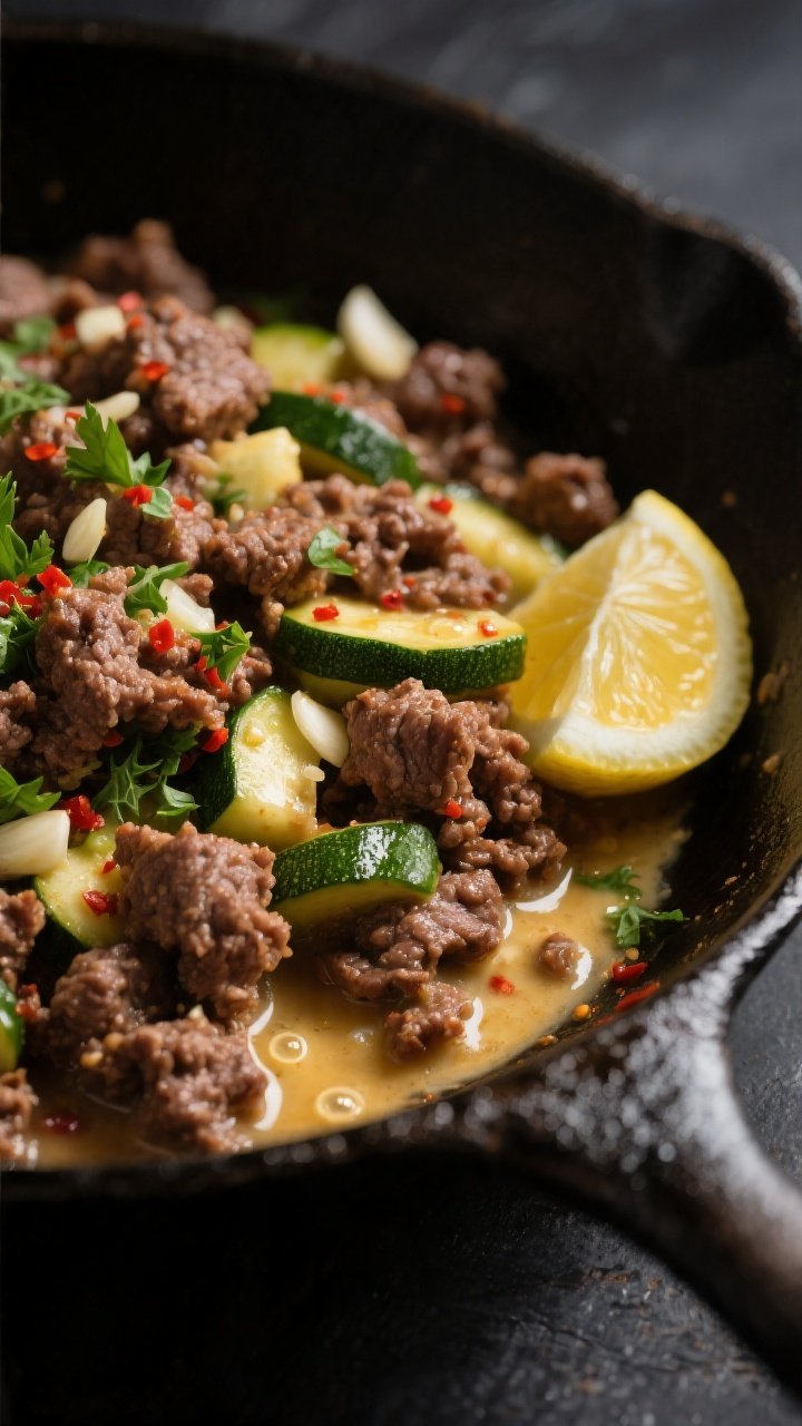 Close-up of the saucy mix: Ground beef browned and craggy, tossed in silky garlic butter with flecks