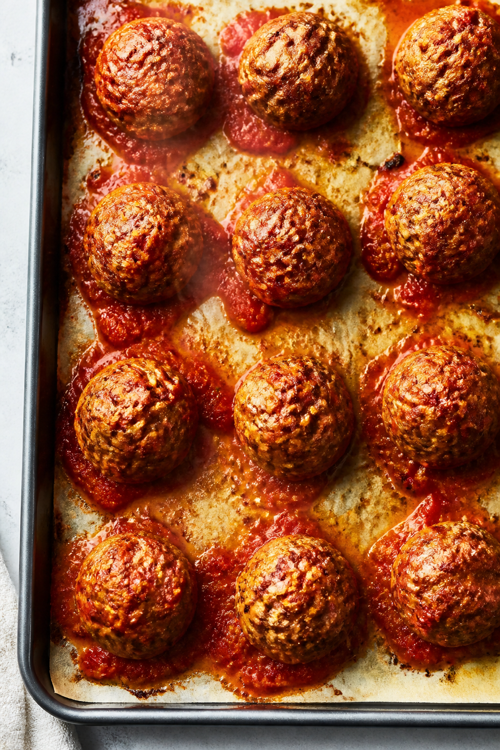 Cooking process: A parchment-lined sheet pan of sealed, formed meatballs midway through baking at 40