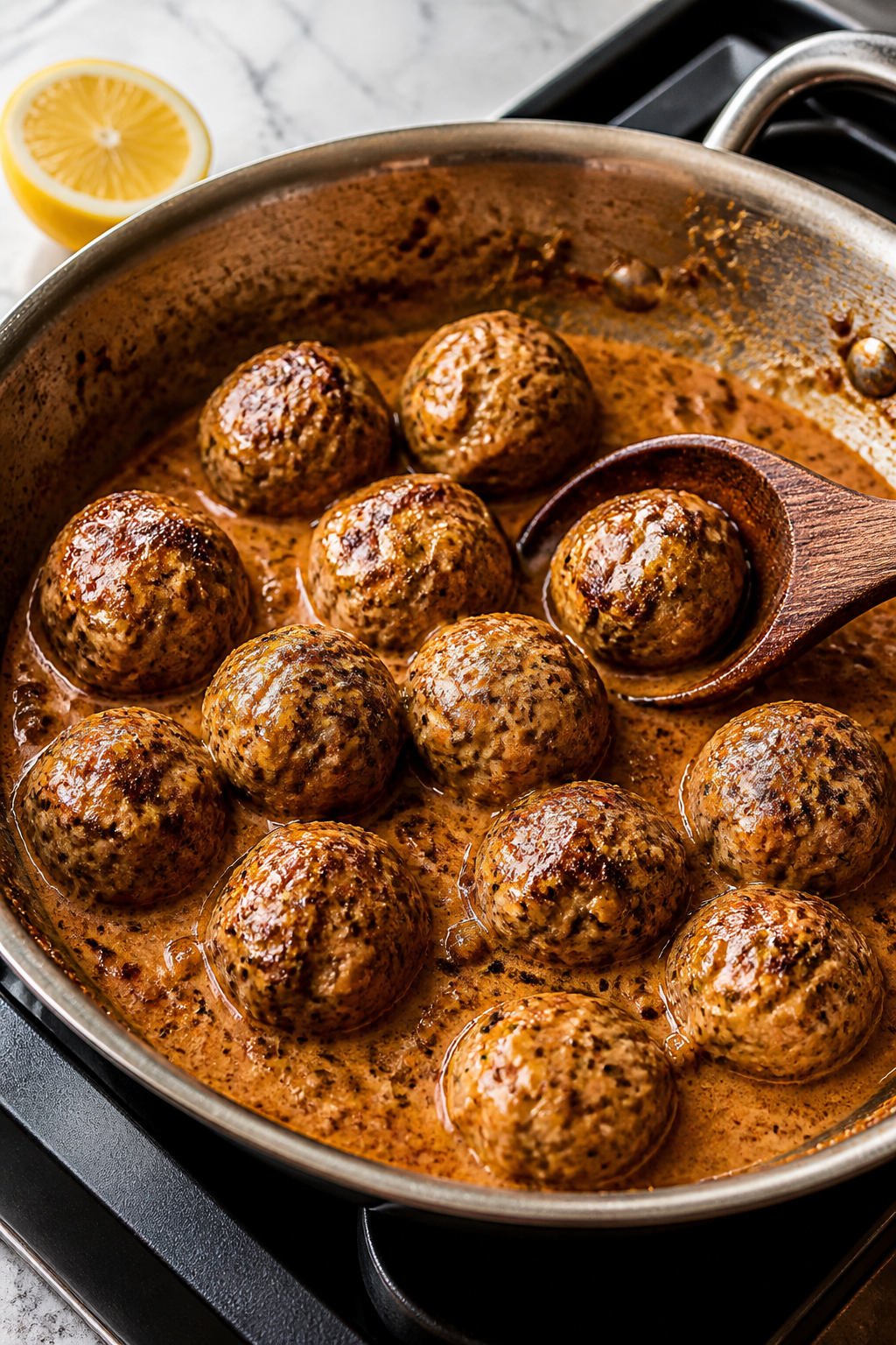 Cooking process action: Meatballs being turned in the same skillet to coat with thickened creamy Caj