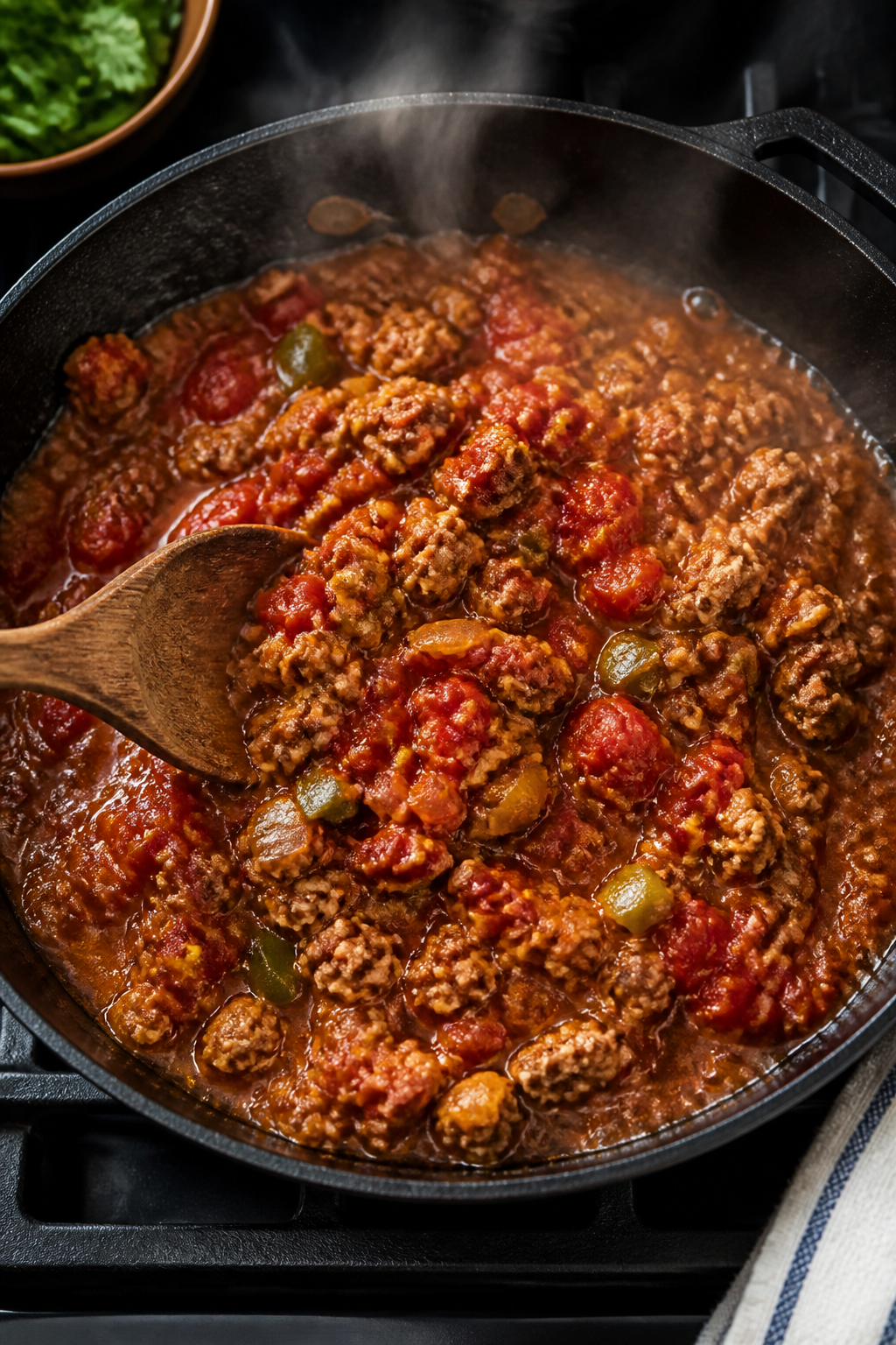 Cooking process action shot: the skillet at the “bloom the spices” stage transitioning into sauc