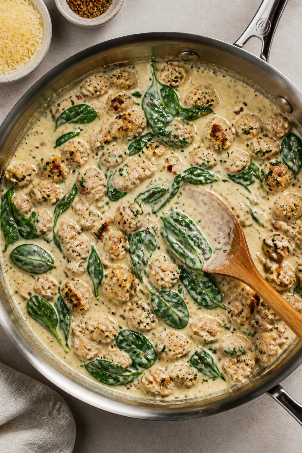 Cooking process: Alfredo sauce being built in the same skillet—creamy heavy cream and reduced chic