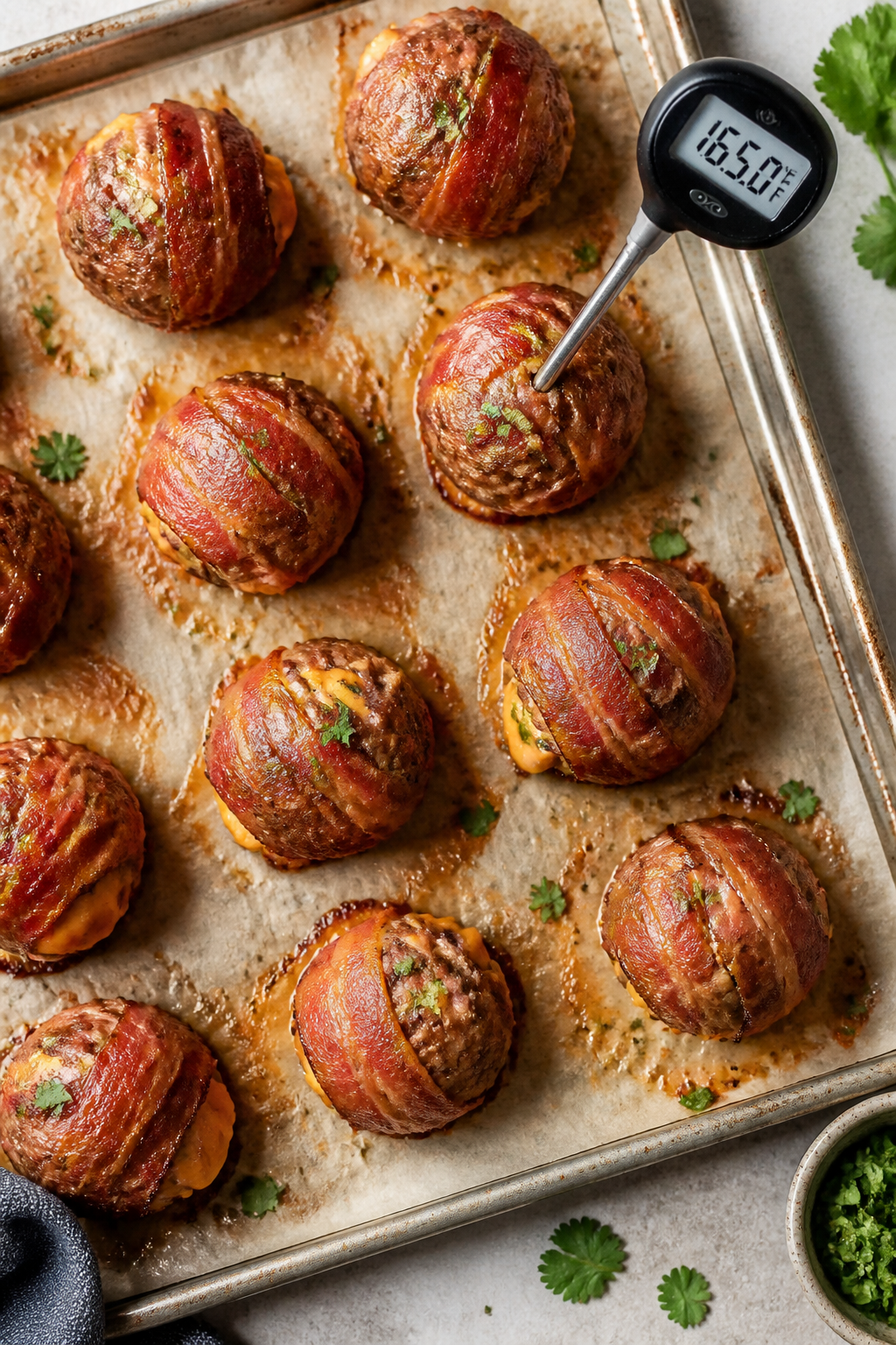 Cooking process: An overhead shot of a parchment-lined, lightly oiled rimmed baking sheet loaded wit