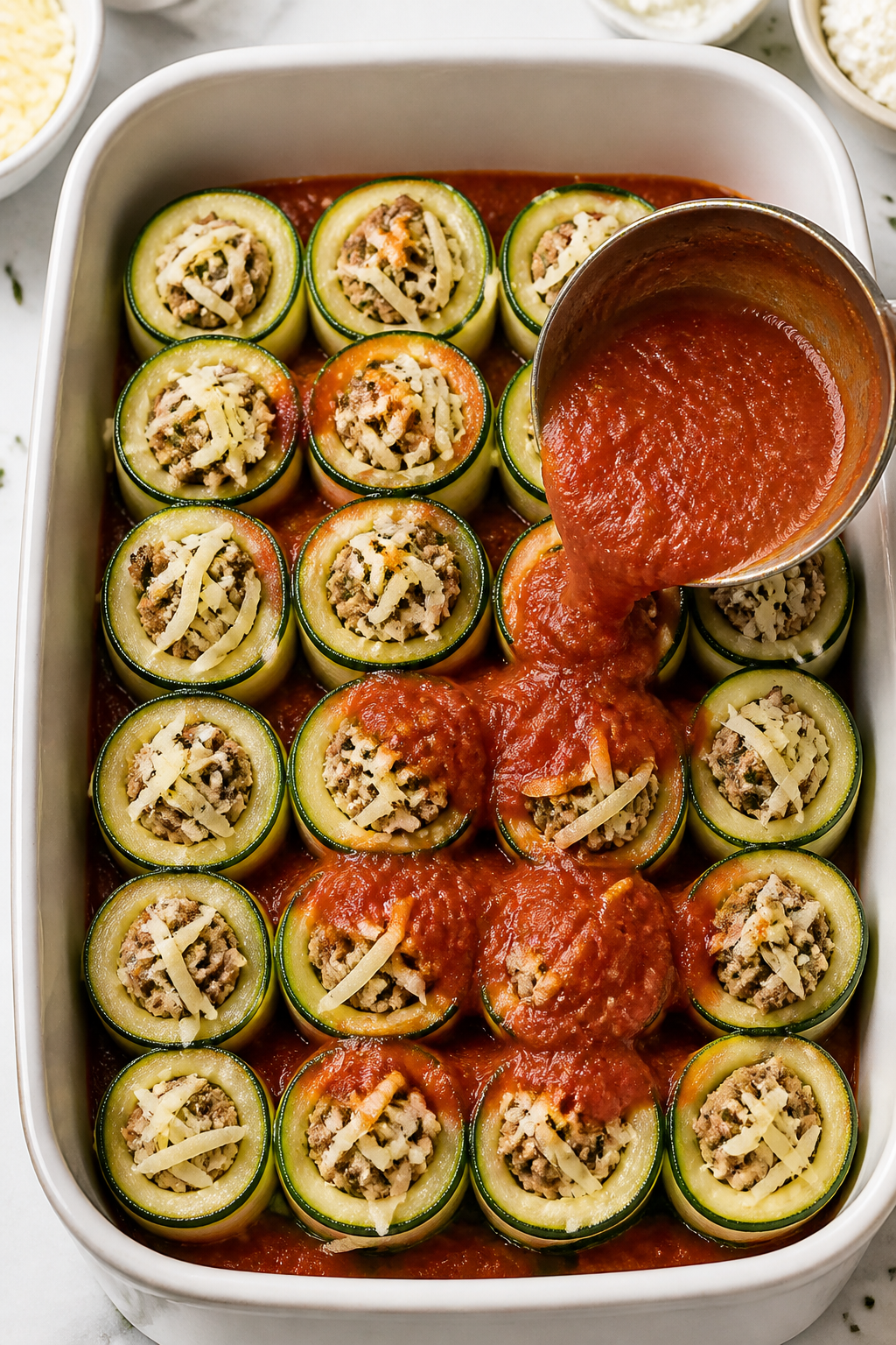 Cooking process: Assembled roll ups being arranged seam-side down into a sauced baking dish, each ro