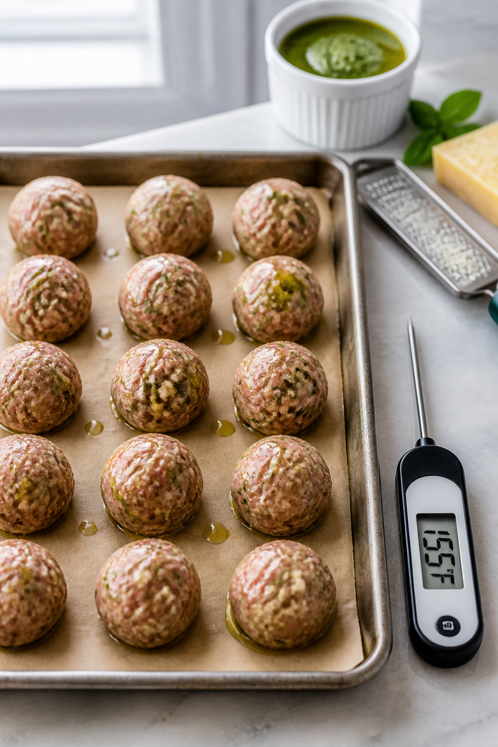 Cooking process beauty shot: Formed meatballs evenly spaced on a parchment-lined rimmed baking sheet