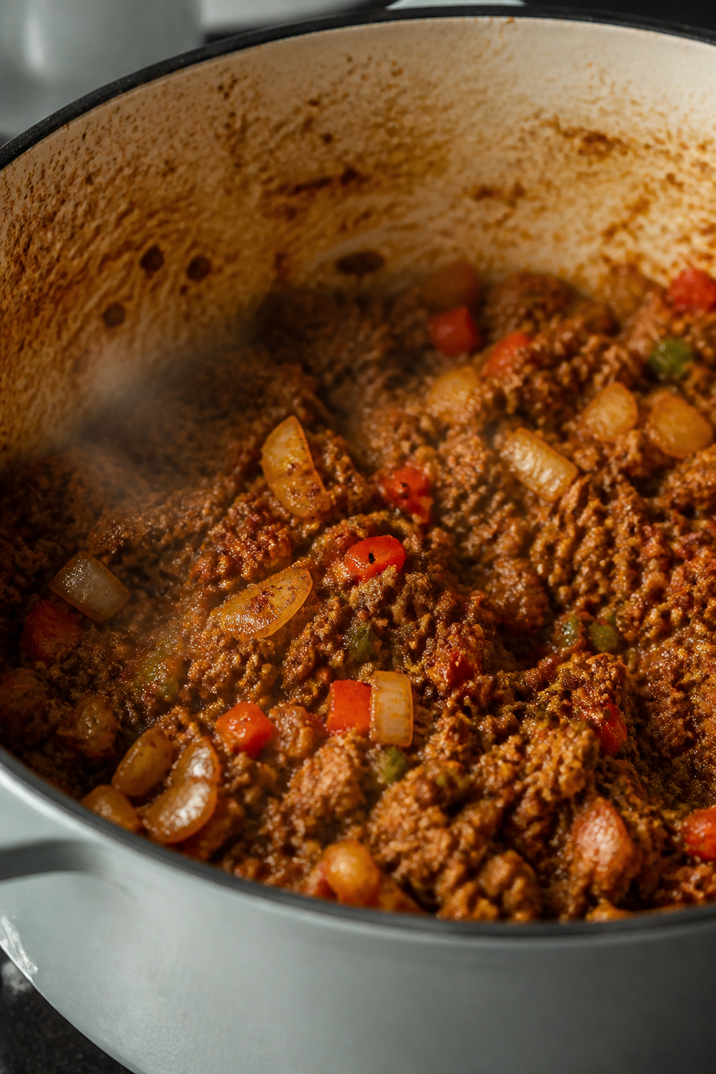 Cooking process: Blooming spices in action for low-carb ground turkey taco soup—close-up of browne