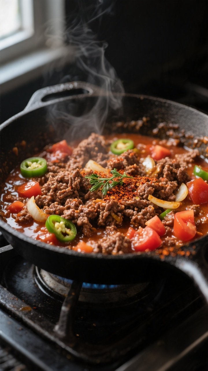 Cooking process — browned taco beef: Close-up of a cast-iron skillet on the stovetop filled with r