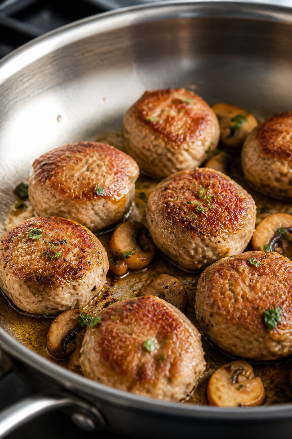 Cooking process — Browning keto garlic mushroom meatballs in a wide, stainless-steel skillet: gold