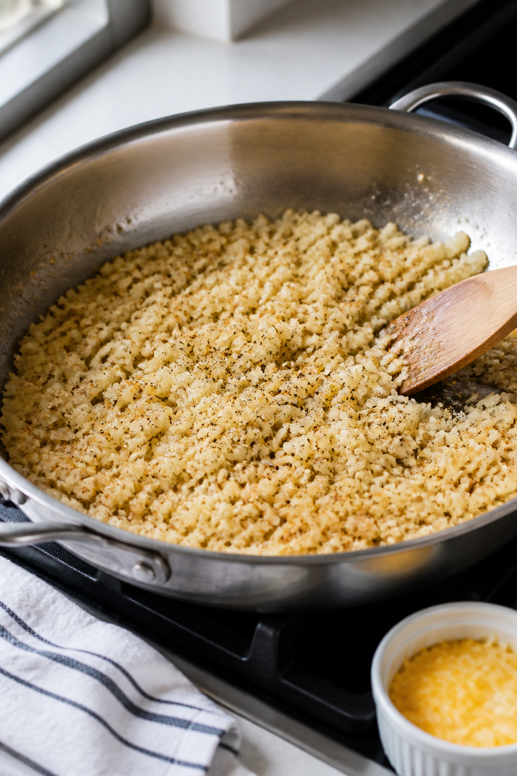 Cooking process: Cauliflower rice sautéing in a wide stainless-steel pan, cooked to tender with a l