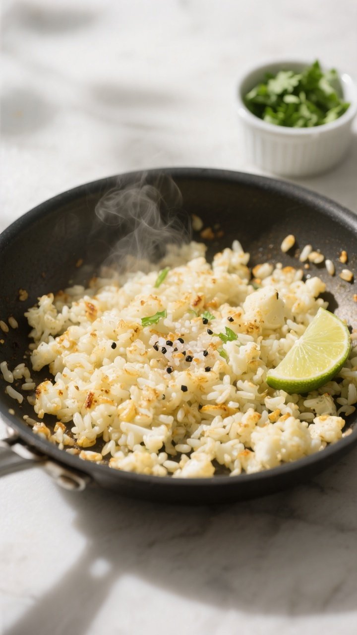 Cooking process: Cauliflower rice sautéing to tenderness in a wide stainless skillet, lightly toast
