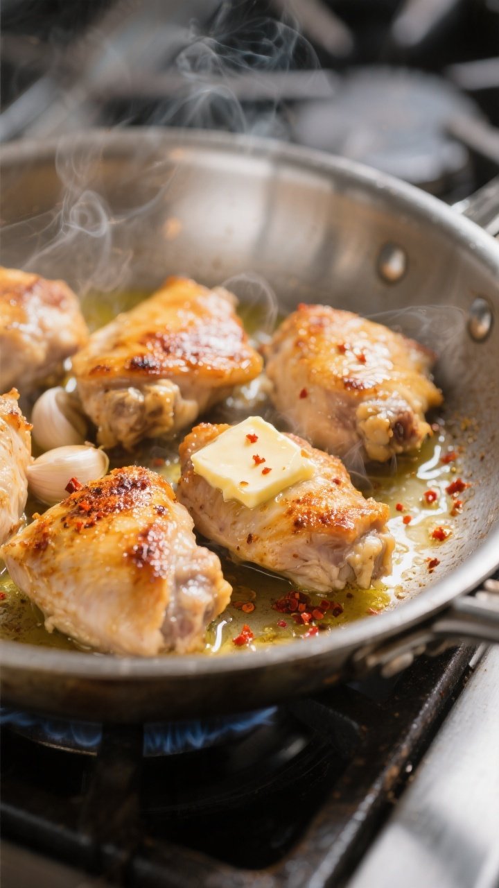 Cooking process close-up: Bite-size chicken thighs sizzling in a stainless-steel skillet, golden sea