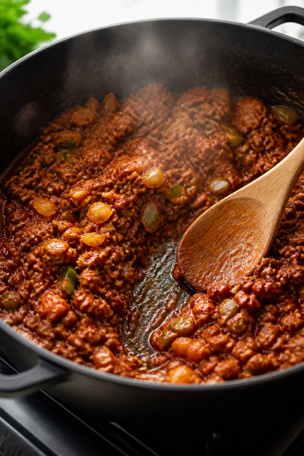 Cooking process close-up: Blooming taco spices and tomato paste with browned ground turkey in a matt