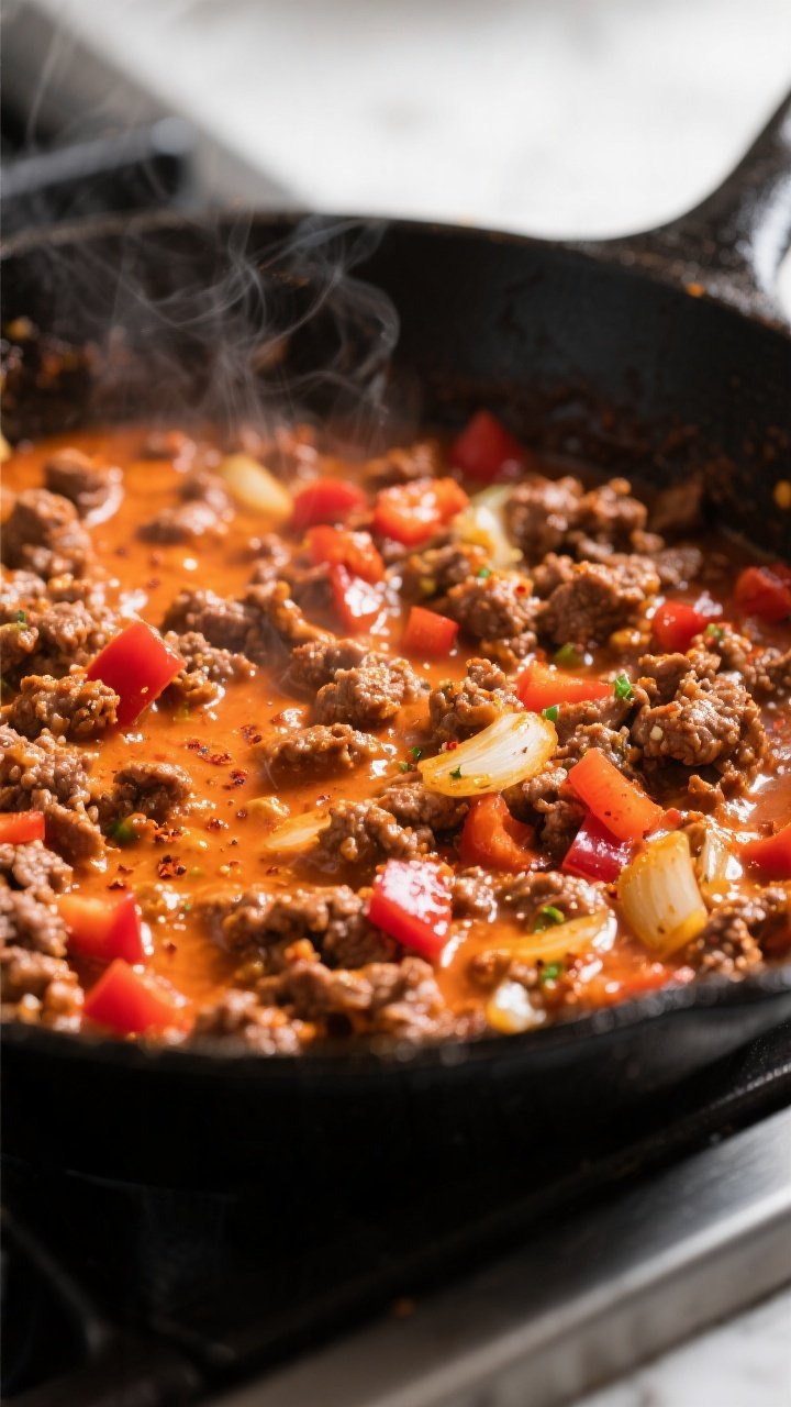Cooking process close-up: Buffalo ranch ground beef simmering in a large skillet, glossy orange-red 