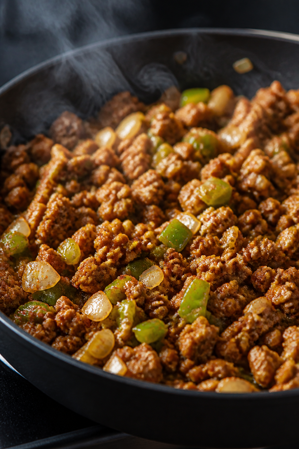 Cooking process, close-up detail: Close-up of a sizzling skillet of cooked ground turkey with soften