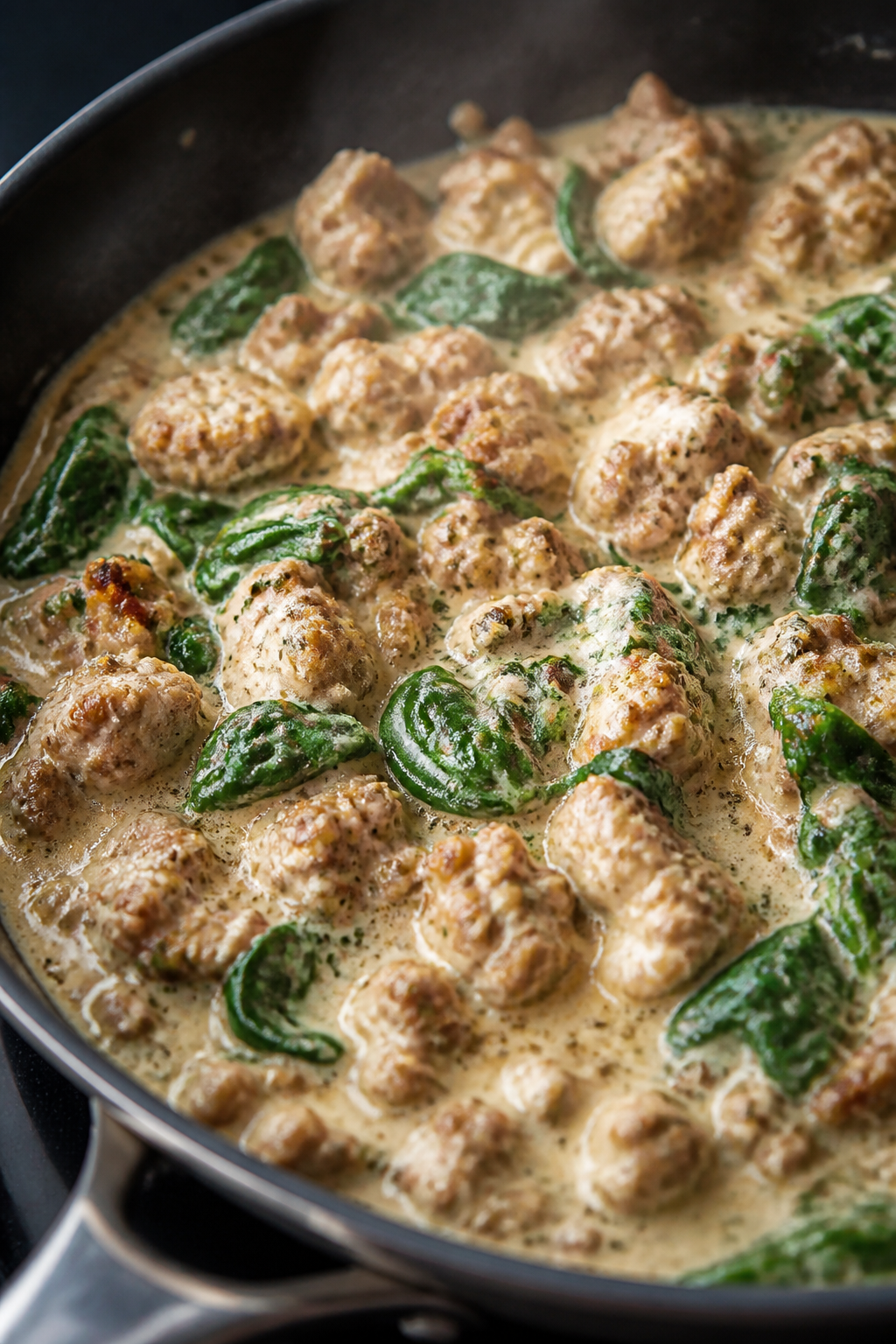 Cooking process, close-up detail: Close-up of browned ground turkey crumbles sizzling in a wide skil