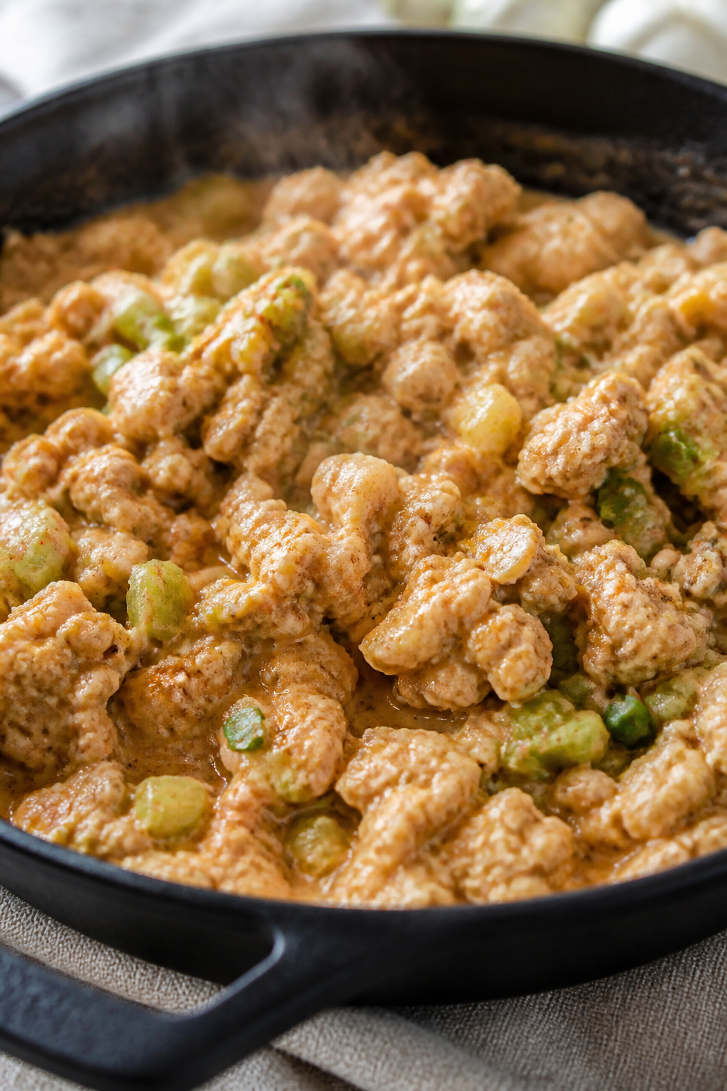 Cooking process, close-up detail: Close-up of the creamy buffalo ranch turkey mixture being folded t
