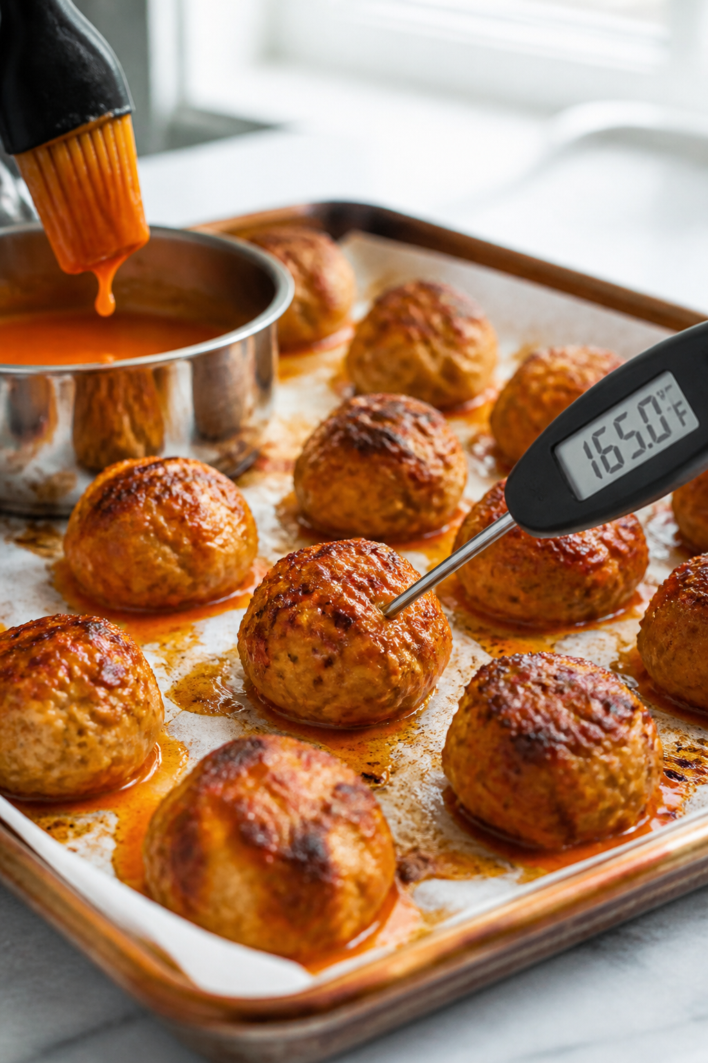 Cooking process, close-up detail: Golden-browned keto Buffalo chicken meatballs just out of the oven