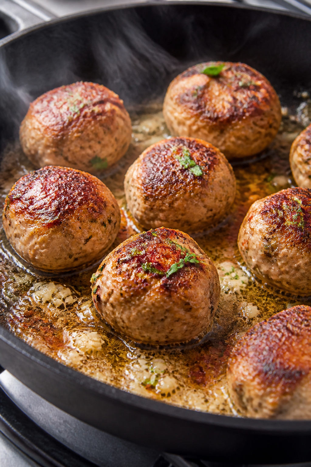 Cooking process, close-up detail: Golden-browned turkey meatballs sizzling in a large skillet, bathe