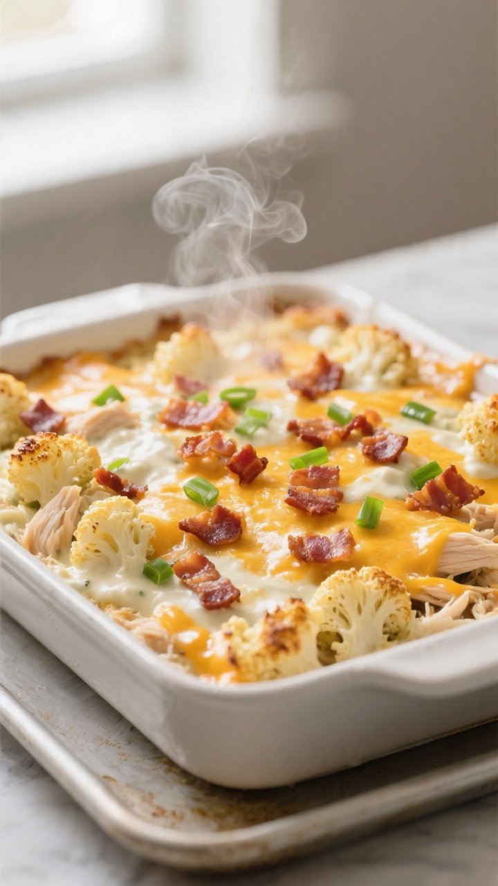 Cooking process, close-up detail: Golden-bubbly keto chicken bacon ranch casserole just out of the o