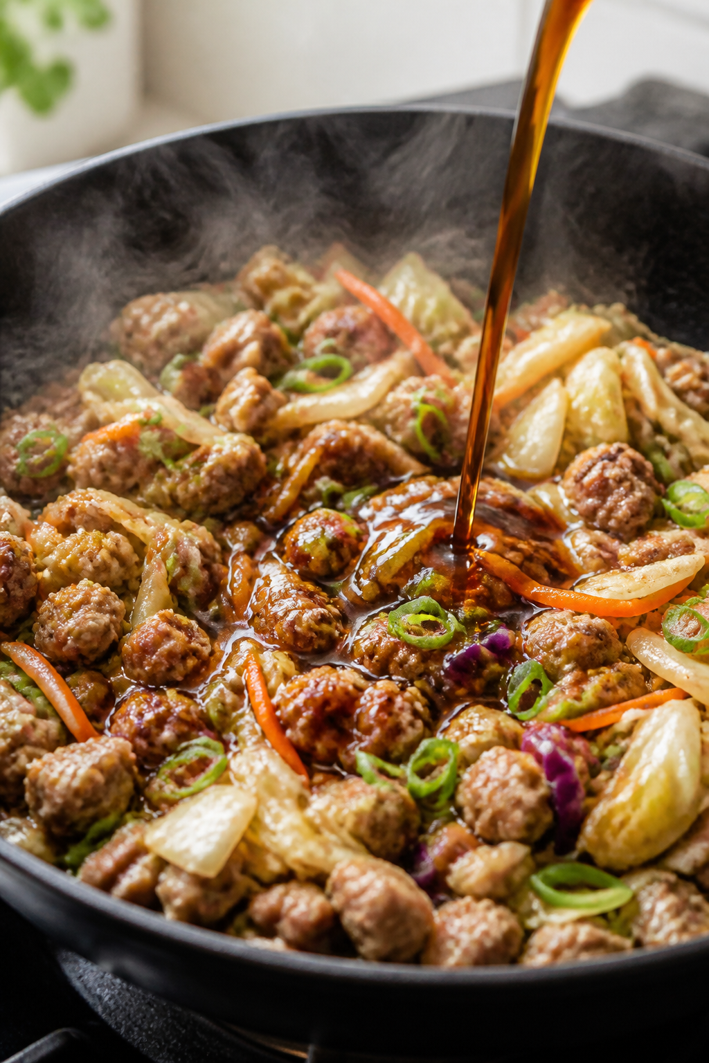 Cooking process, close-up detail: Ground turkey crack slaw sizzling in a wide black skillet over med