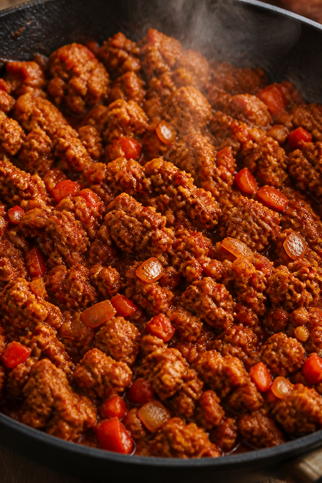 Cooking process, close-up detail: In-pan close-up of browned ground turkey mingling with sautéed ye