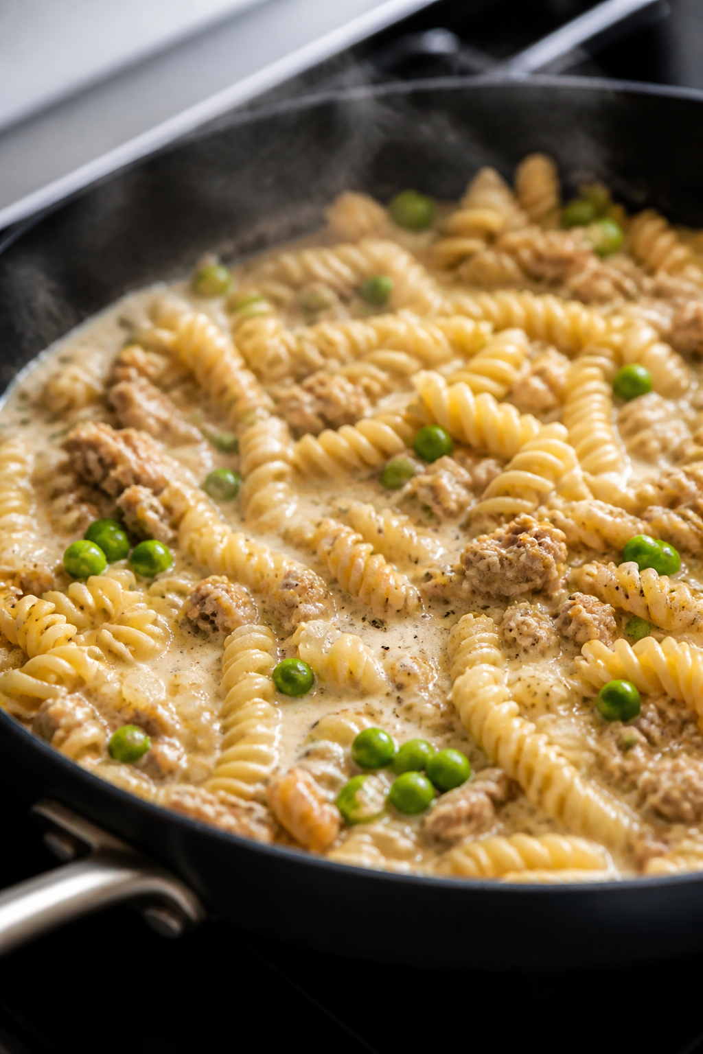 Cooking process, close-up detail: In-skillet scene of browned ground turkey with softened diced onio