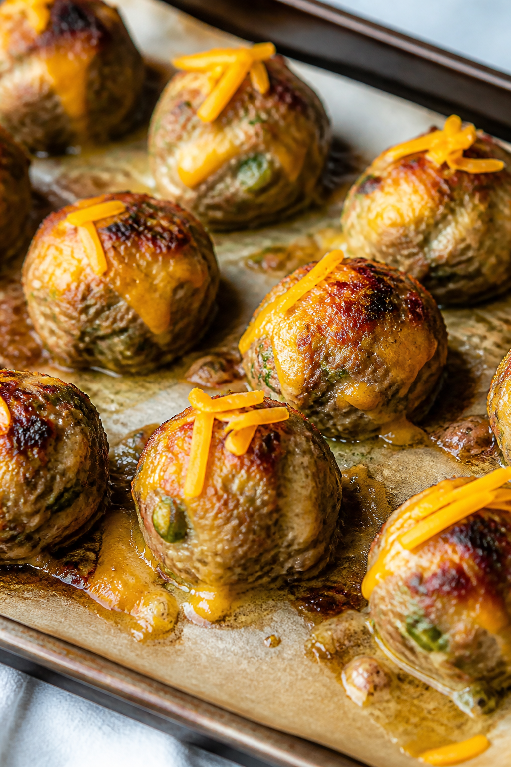 Cooking process, close-up detail: Juicy jalapeño popper meatballs sizzling on a parchment-lined she