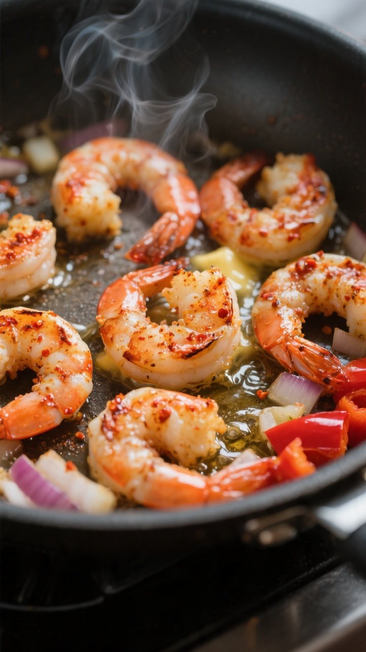 Cooking process, close-up detail: Searing Cajun-seasoned shrimp in a hot skillet, shrimp curled into