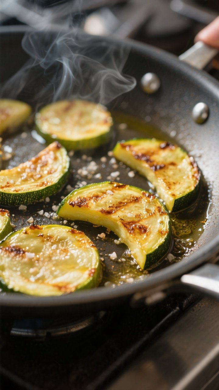 Cooking process, close-up detail: Searing golden zucchini half-moons in a large skillet, edges caram