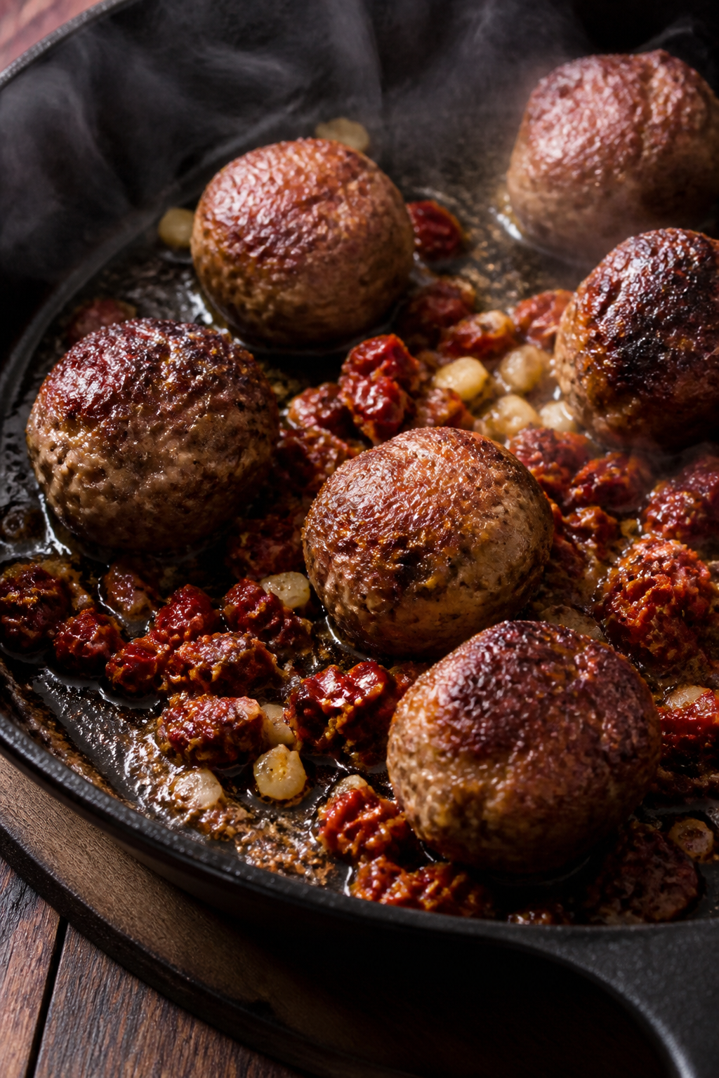 Cooking process, close-up detail: Searing keto meatballs in a large skillet, browned crust with rend