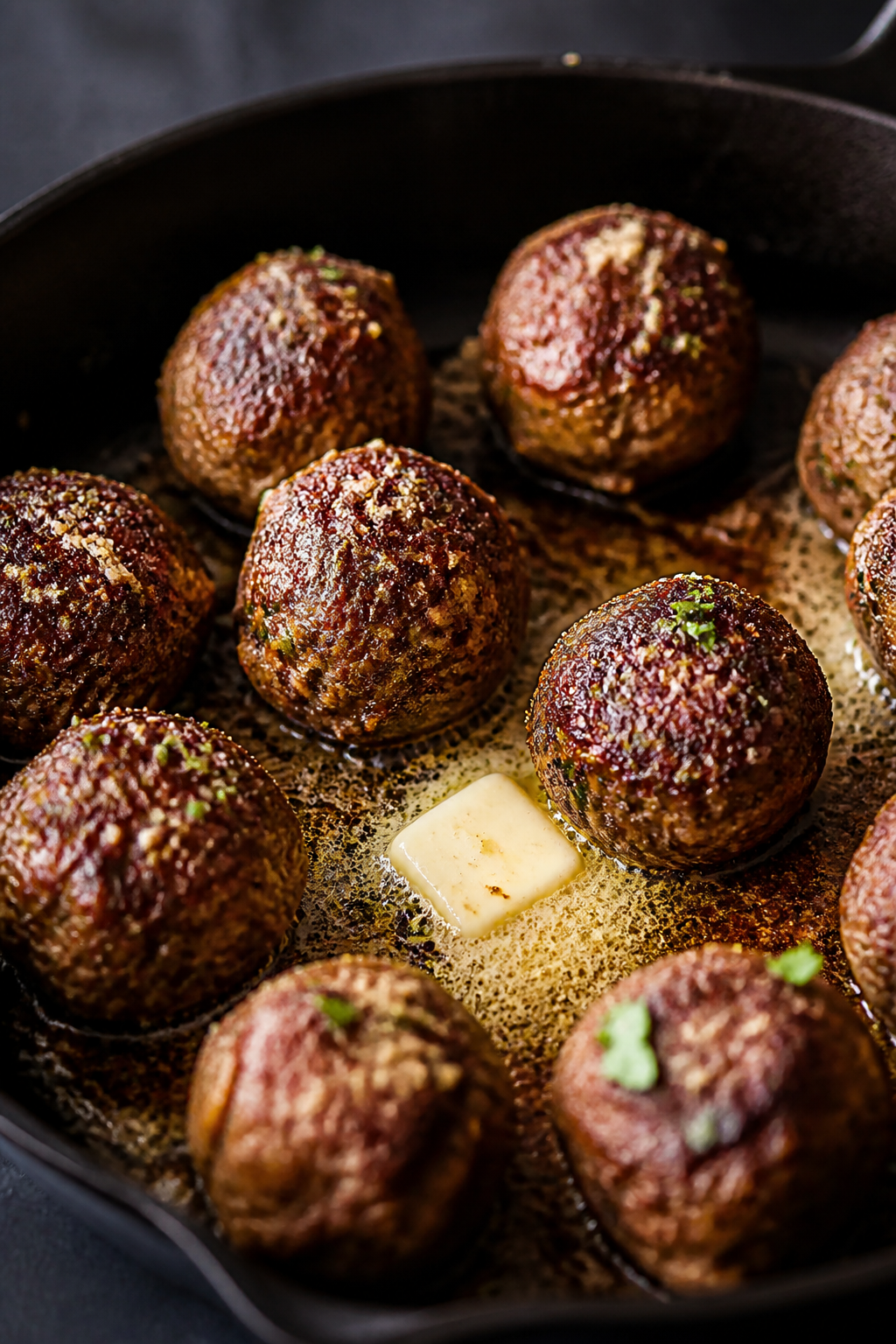Cooking process, close-up detail: Searing taco-seasoned beef-and-pork meatballs in a large skillet, 