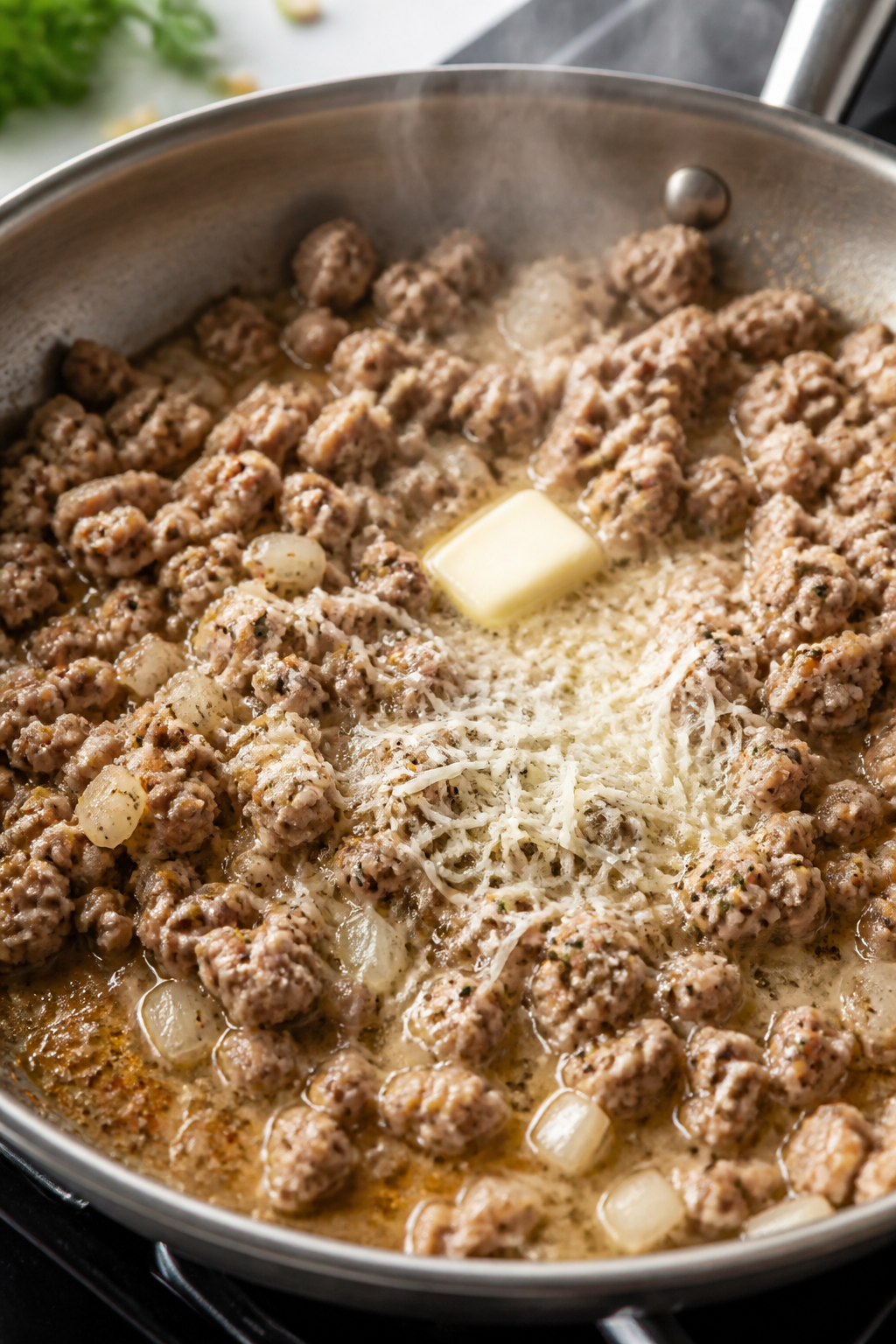 Cooking process, close-up detail: Sizzling ground turkey in a wide stainless-steel skillet, fully br