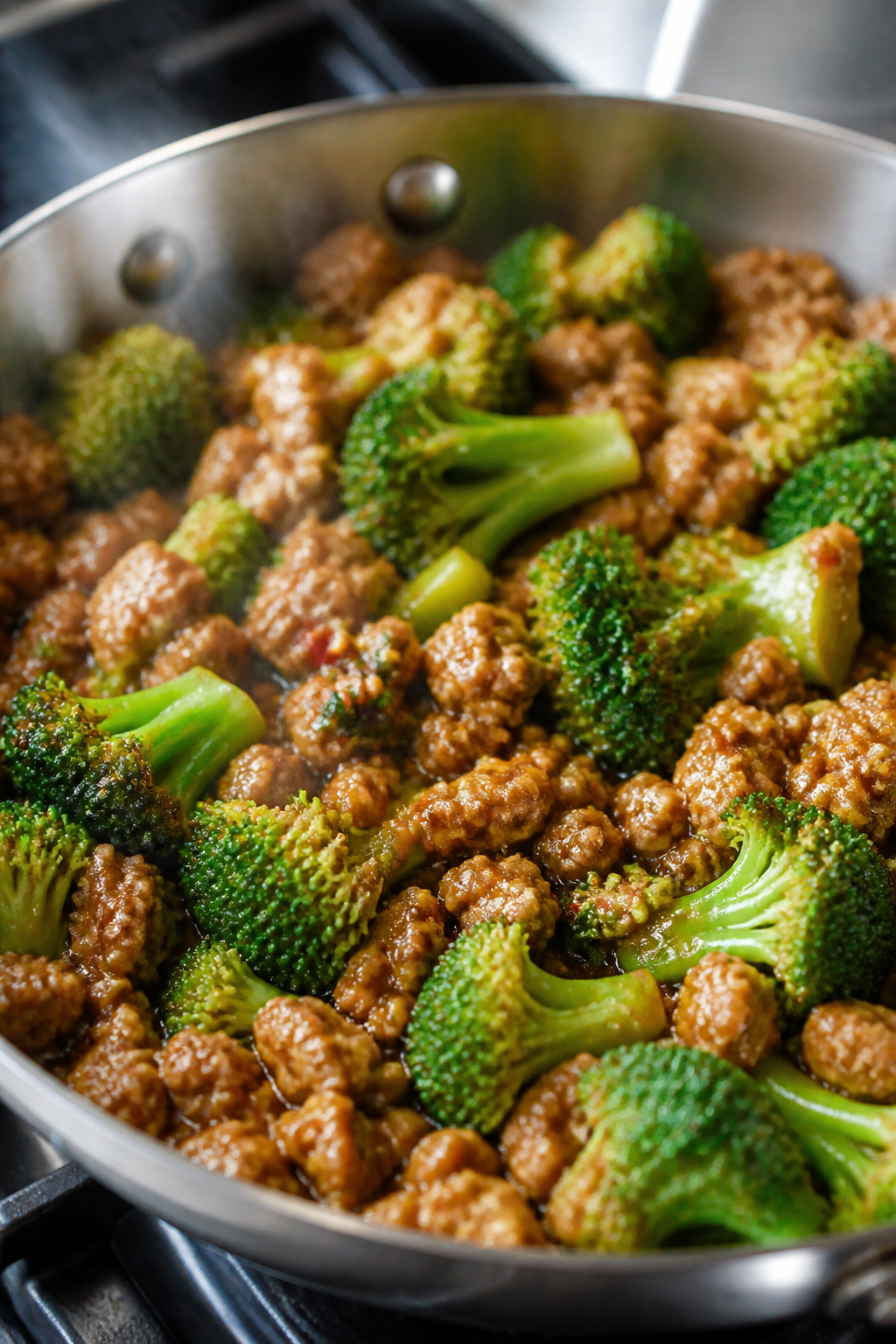 Cooking process, close-up detail: Sizzling ground turkey and crisp-tender broccoli in a wide stainle