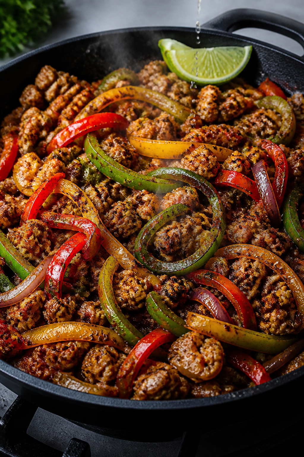 Cooking process, close-up detail: Sizzling keto turkey fajita mixture in a large skillet, browned gr