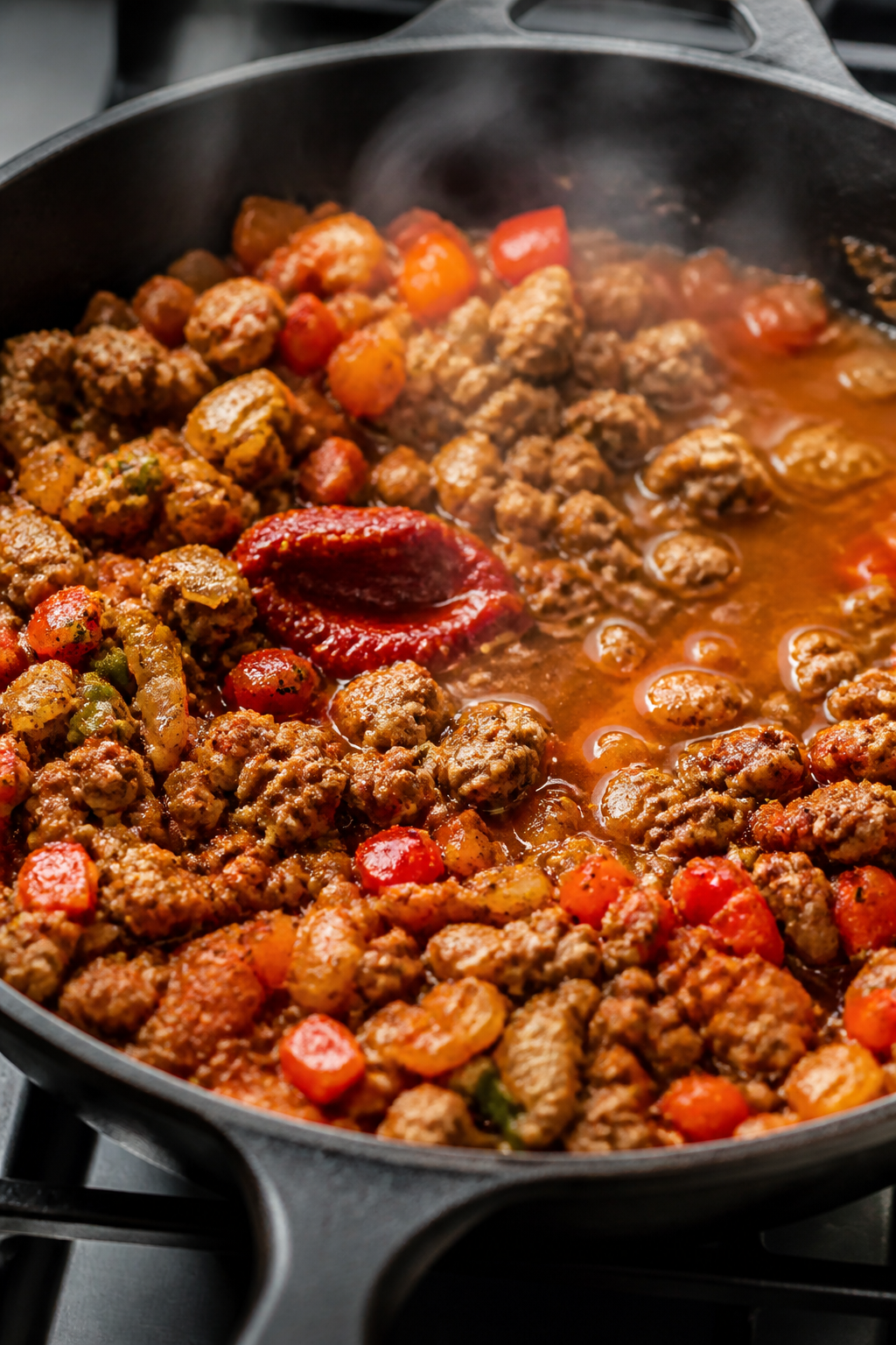Cooking process, close-up detail: Sizzling one-pan keto turkey taco rice mid-cook in a black cast-ir