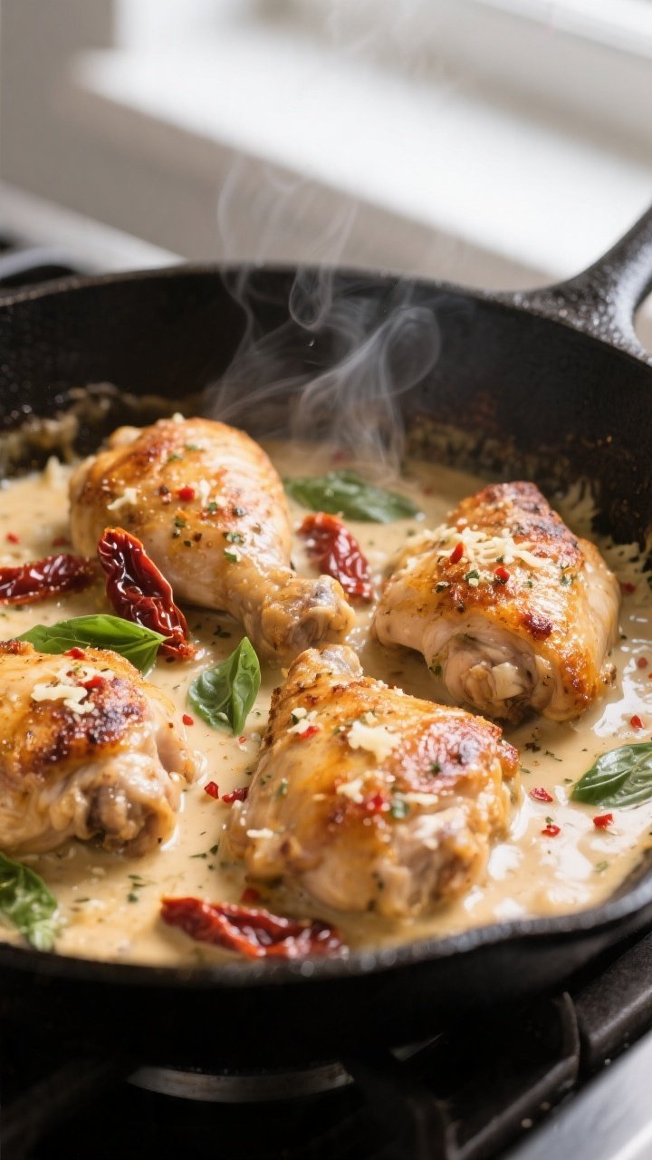 Cooking process close-up: Golden-brown chicken thighs sizzling in a large skillet, bathed in a cream